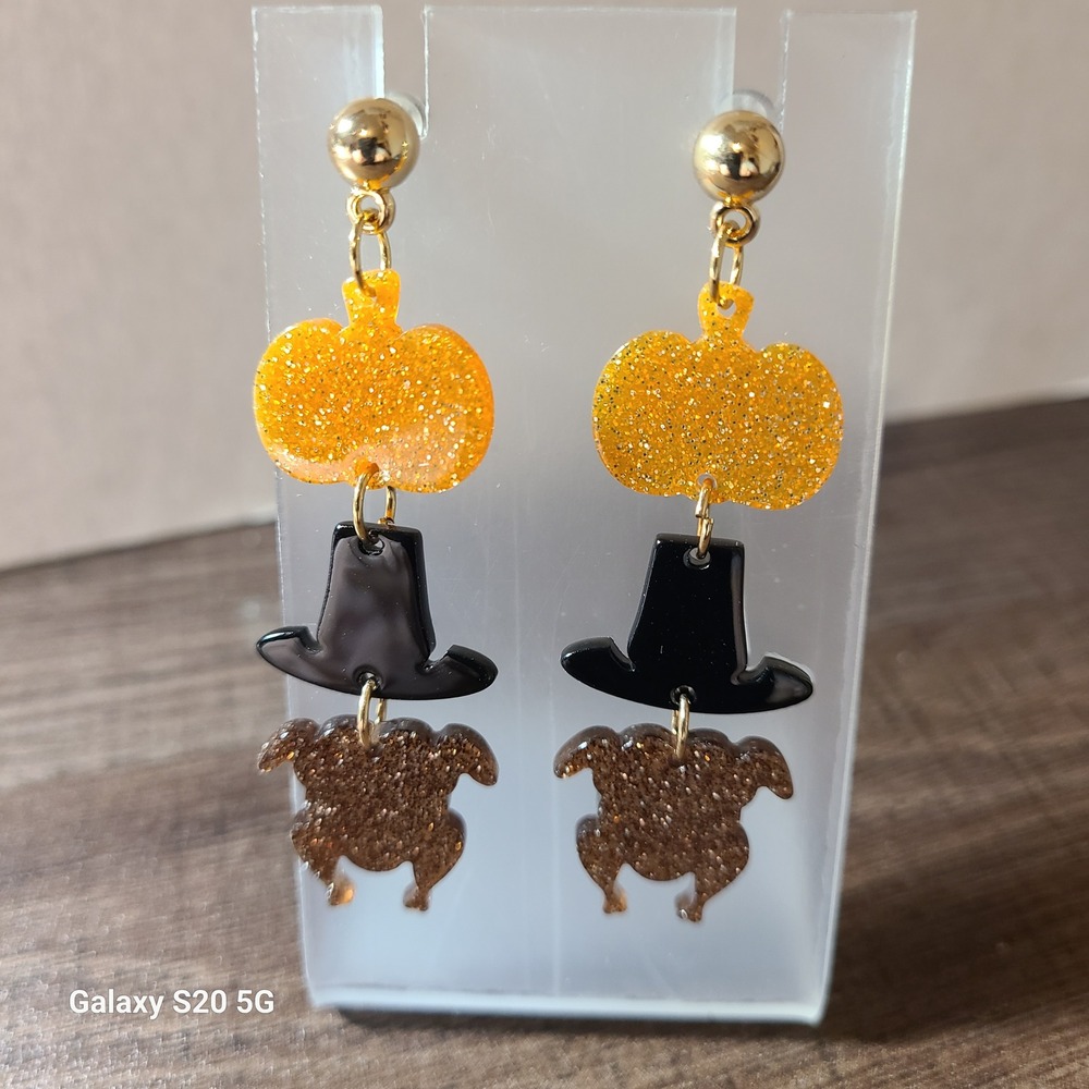 Thanksgiving Turkey Pumpkin Pilgrim Hat Dangle Earrings Women NEW Holiday